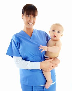Caring for your baby. Smiling pediatrician holding a cute baby boy against a white background.