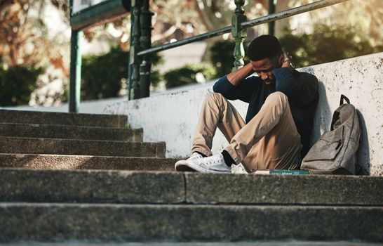 Mental health, depression and anxiety with student on stairs with backpack for failure, fear and mistake. Sad, stress or bullying with black man on steps of college campus for frustrated or problem