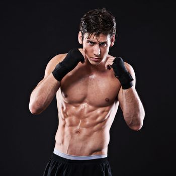 Rock hard abs and fists. Studio shot of a young mixed martial artist.