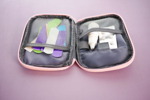 colorful adhesive bandages in a first aid kit bag 