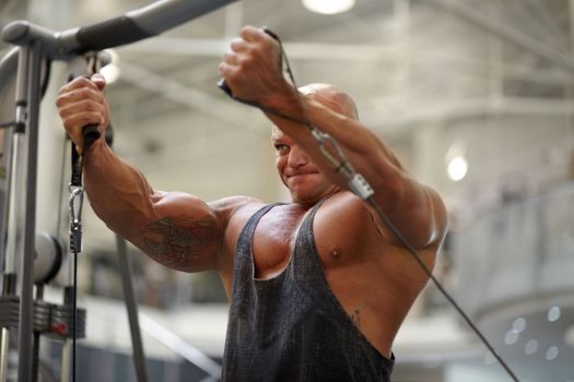 He shows strength and determination. A male bodybuilder using exercise equipment to train at the gym.