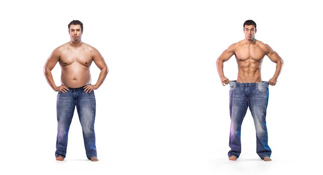 Before After Weight Loss fitness Transformation. The man was fat but became athlete. Fat to fit concept.