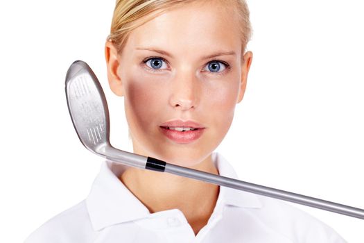 Golf, sports and portrait of a woman in studio for exercise, fitness training and golfing motivation. Face of female golfer holding golf club while ready for a competition or game on white background