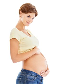 Healthy, woman and pregnancy stomach portrait pregnant with love, care and happy smile. Happy mother, young mama and loving hands on abdomen feeling calm about new baby and mom lifestyle with mockup