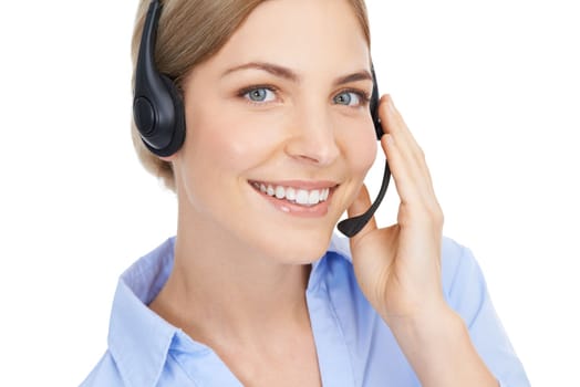 Portrait, call center or customer service with a woman consultant in studio on a white background for sales. Contact, crm or support with a female employee consultating on a headset for telemarketing
