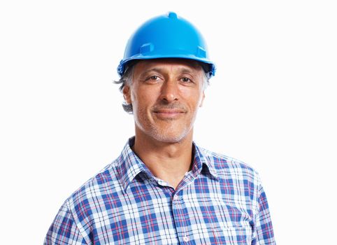 Confident architect. Closeup mature architect wearing protective helmet over white background.