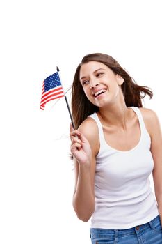 Flag, usa and mockup with a model woman in studio isolated on a white background for her nation. American flag, marketing and advertising with an attractive young female posing for citizenship