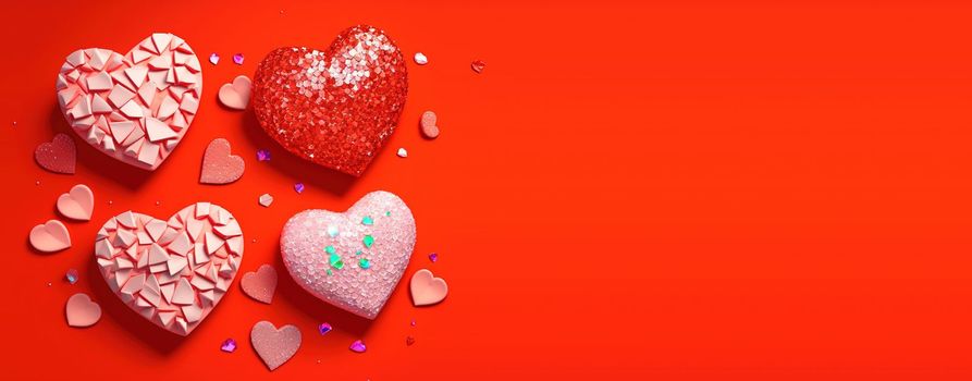 Valentine's Day 3D Heart Illustration and Diamond Crystal Theme Banner and Background