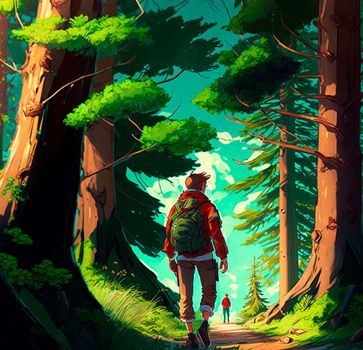 Illustration of a traveler walking in the forest