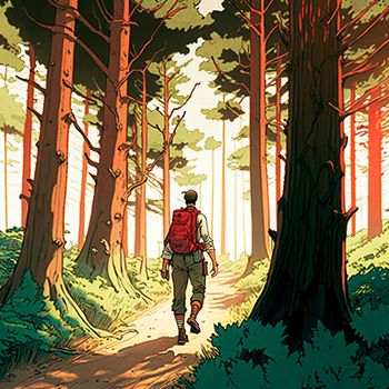 Illustration of a traveler walking in the forest