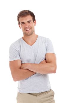 Who called for a macho man. a handsome young man crossing his arms while standing in studio-isolated on white.