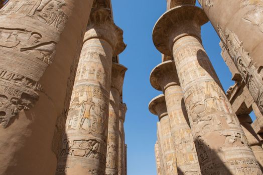 Hieroglyphic carvings on an ancient egyptian temple column