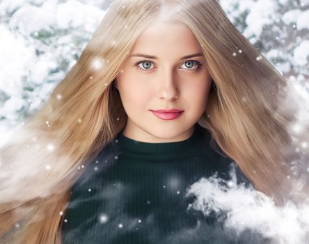 Winter beauty, Christmas time and happy holidays, beautiful woman with long hairstyle and natural make-up in snowy forest, snowing snow design as xmas, New Year and holiday lifestyle portrait