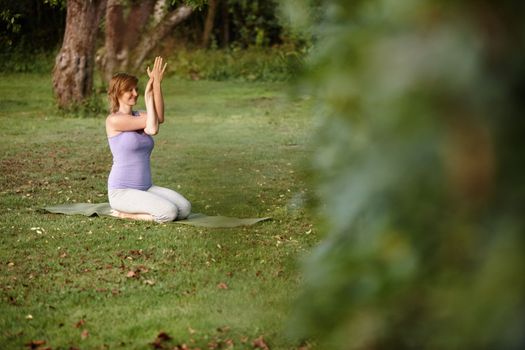 The stress-less workout. an attractive woman doing yoga at the park