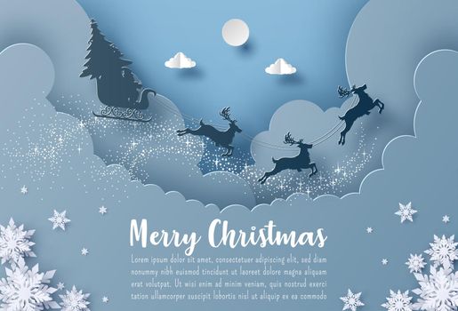 Christmas postcard banner Santa Claus and reindeer flying on the sky