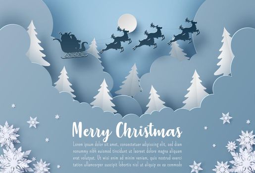 Origami Paper art of Christmas postcard banner Santa Claus and reindeer flying on the sky, Merry Christmas and Happy New year