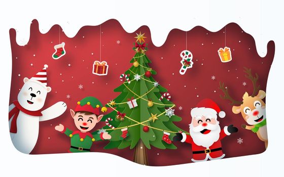 Origami paper art style, Christmas party with Santa Claus and Christmas tree and character in Snow frame, Merry Christmas and Happy New Year