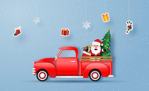 Origami paper art of Christmas red truck with Santa Claus, Merry Christmas and Happy New Year