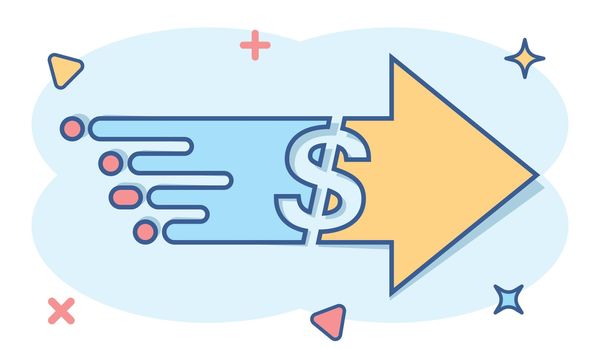 Transfer money icon in comic style. Dollar vector cartoon illustration on white isolated background. Payment business concept splash effect.