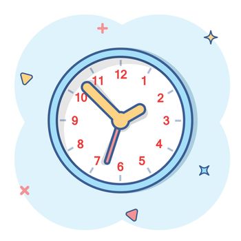 Clock sign icon in comic style. Time management vector cartoon illustration on white isolated background. Timer business concept splash effect.
