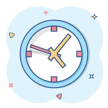 Clock sign icon in comic style. Time management vector cartoon illustration on white isolated background. Timer business concept splash effect.