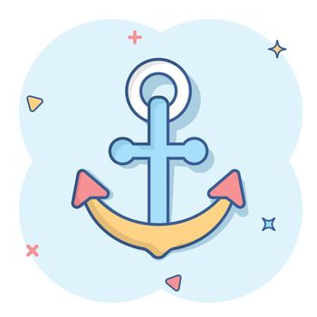 Boat anchor sign icon in comic style. Maritime equipment vector cartoon illustration on white isolated background. Sea security business concept splash effect.