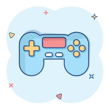 Joystick sign icon in comic style. Gamepad vector cartoon illustration on white isolated background. Gaming console controller business concept splash effect.