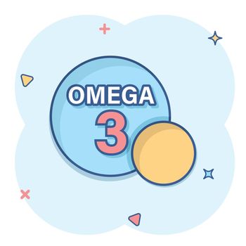 Omega 3 icon in comic style. Pill capsule cartoon vector illustration on white isolated background. Organic vitamin nutrient oil fish splash effect business concept.