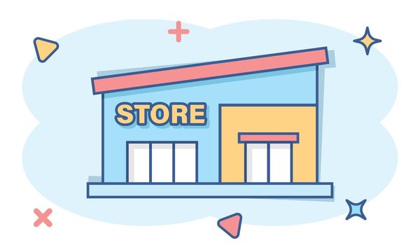 Mall icon in comic style. Store cartoon vector illustration on white isolated background. Shop splash effect business concept.