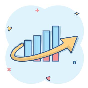 Growth arrow icon in comic style. Revenue cartoon vector illustration on white isolated background. Increase splash effect business concept.