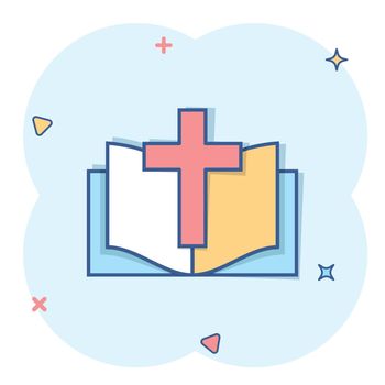 Bible book icon in comic style. Church faith cartoon vector illustration on white isolated background. Spirituality splash effect business concept.