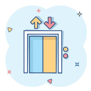 Elevator icon in comic style. Lift cartoon vector illustration on white isolated background. Passenger transportation splash effect business concept.
