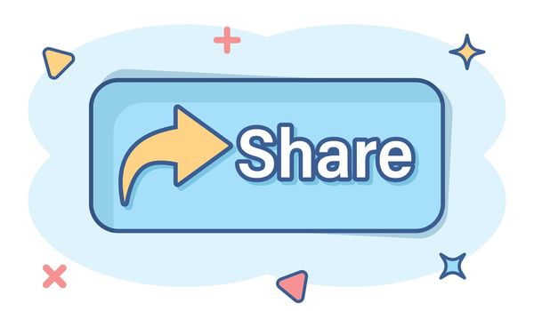 Share button icon in comic style. Arrow cartoon sign vector illustration on white isolated background. Send file splash effect business concept.