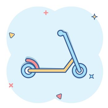 Electric scooter icon in comic style. Bike cartoon vector illustration on white isolated background. Transport splash effect business concept.