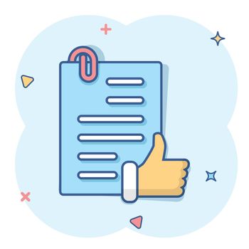 Approved document icon in comic style. Authorize cartoon vector illustration on white isolated background. Agreement check mark splash effect business concept.