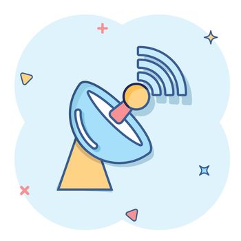 Satellite antenna tower icon in comic style. Broadcasting cartoon