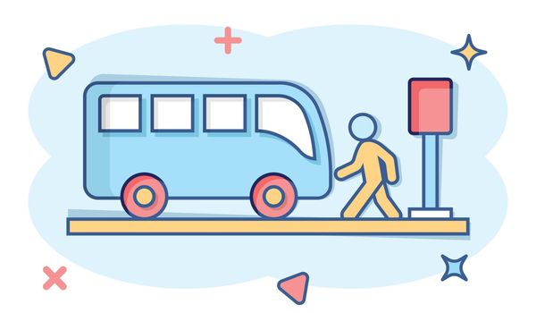 Bus station icon in comic style. Auto stop cartoon vector illustration on white isolated background. Autobus vehicle splash effect business concept.