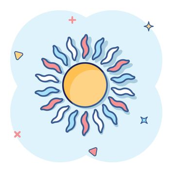 Sun icon in comic style. Sunlight cartoon sign vector illustration on white isolated background. Daylight splash effect business concept.