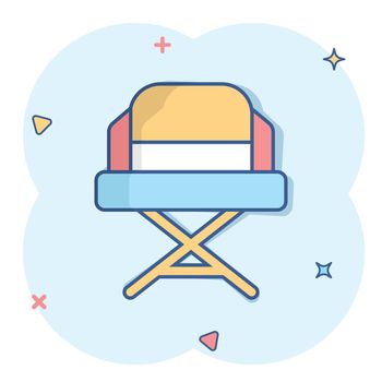 Director chair icon in comic style. Producer seat cartoon vector illustration on white isolated background. Movie splash effect business concept.