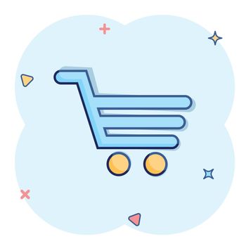 Shopping cart icon in comic style. Trolley cartoon vector illustration on white isolated background. Basket splash effect business concept.