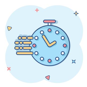 Clock icon in comic style. Watch cartoon vector illustration on white isolated background. Timer splash effect business concept.