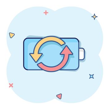 Battery charge icon in comic style. Power level cartoon vector illustration on white isolated background. Lithium accumulator splash effect business concept.