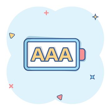 AAA battery icon in comic style. Power level cartoon vector illustration on white isolated background. Lithium accumulator splash effect business concept.