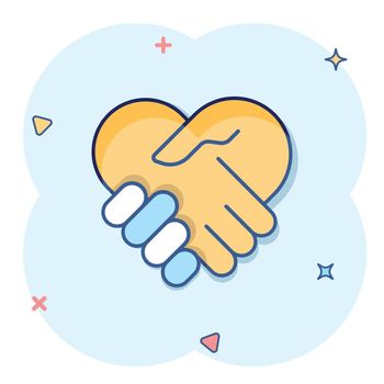 Handshake icon in comic style. Partnership deal cartoon vector illustration on white isolated background. Agreement splash effect business concept.