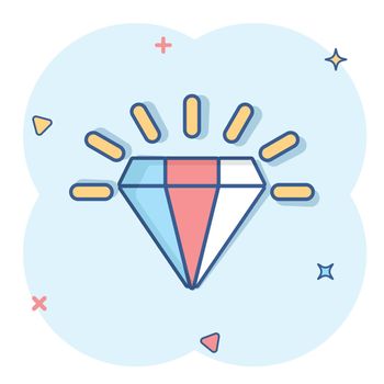 Diamond gem icon in comic style. Gemstone cartoon vector illustration on white isolated background. Jewelry brilliant splash effect business concept.
