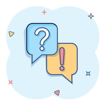 Question and answer icon in comic style. Dialog speech bubble cartoon vector illustration on white isolated background. Forum chat splash effect business concept.
