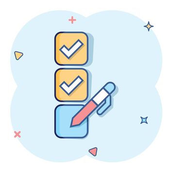 Checklist document icon in comic style. Survey cartoon vector illustration on white isolated background. Check mark choice splash effect business concept.
