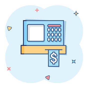 Cash register icon in comic style. Check machine cartoon vector illustration on white isolated background. Payment splash effect business concept.