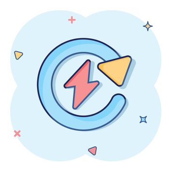 Energy recharge icon in comic style. Voltage and arrow cartoon vector illustration on white isolated background. Electric splash effect sign business concept.
