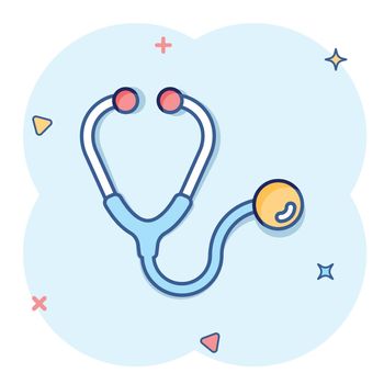 Stethoscope icon in comic style. Heart diagnostic cartoon vector illustration on isolated background. Medicine splash effect sign business concept.
